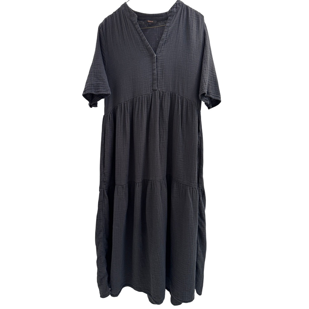 Quince Gauze Midi Dress Womens L Black Organic Cotton Split Neck Tiered Pockets